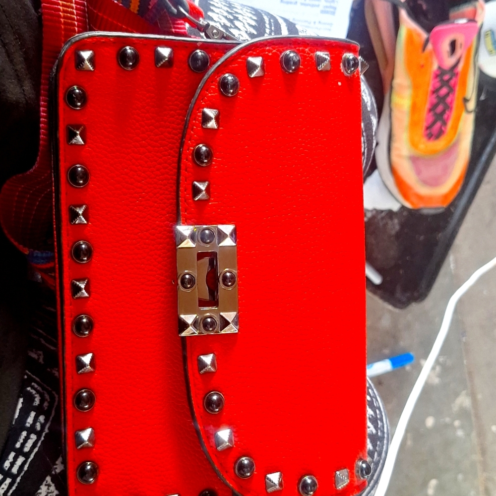 Red studded vegan shoulder handbag
